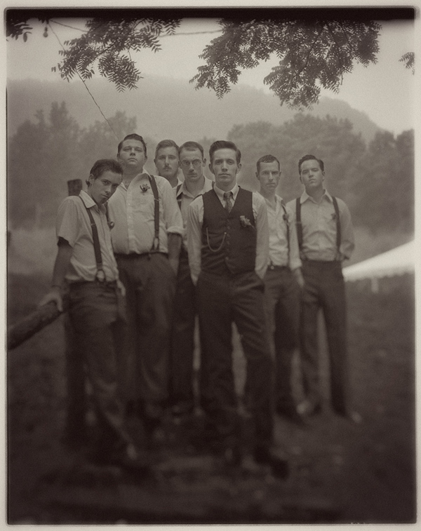 rusitc looking - groom and groomsmen outside wearing vintage clothing and suspenders- photo by North Carolina wedding photographer Richard Israel 